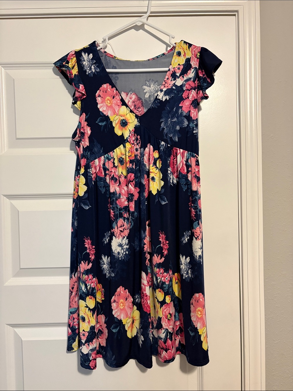Emerald Navy Floral V-Neck Dress with Flutter Cap Sleeves